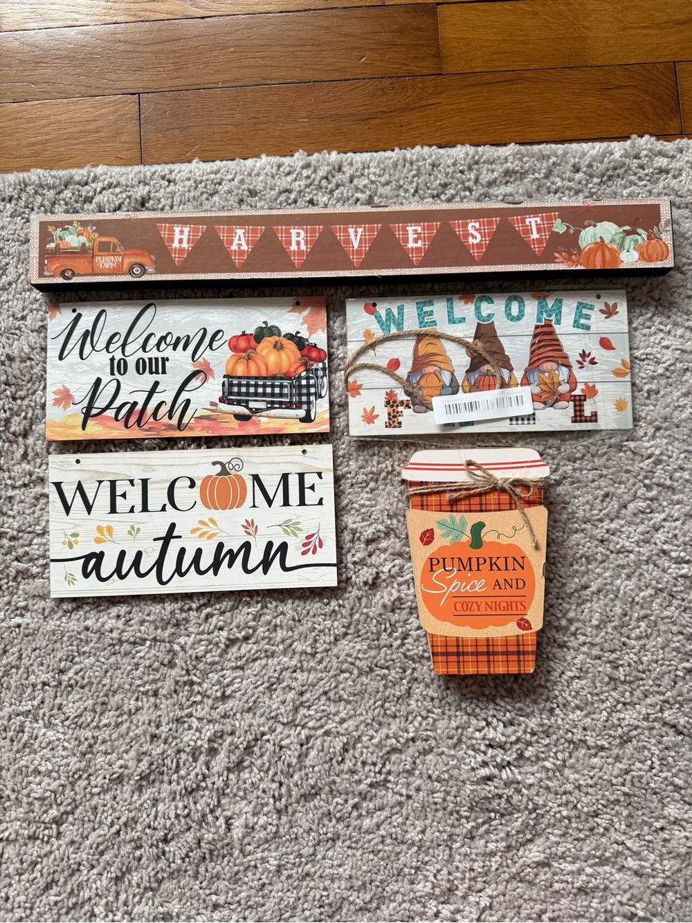 Autumn Harvest Decorative Sign Set - Orange Pumpkin Fall Welcome Plaques